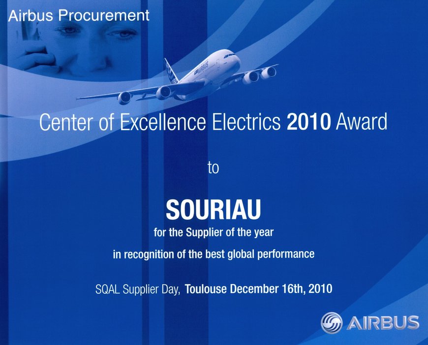 Pour la 4ième année,  SOURIAU remporte le prix du meilleur fournisseur de pièces standards électriques d’AIRBUS